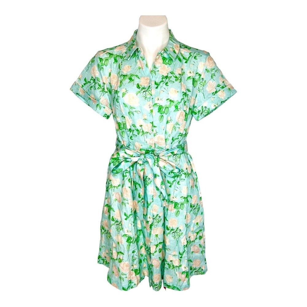 New HILL HOUSE HOME Blue Roses Linen Laura Dress Size Small Button Front Belted